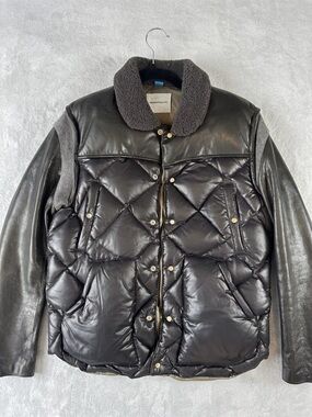 Black Quilted Leather Sleeve Puff Jacket with Sherpa Collar
